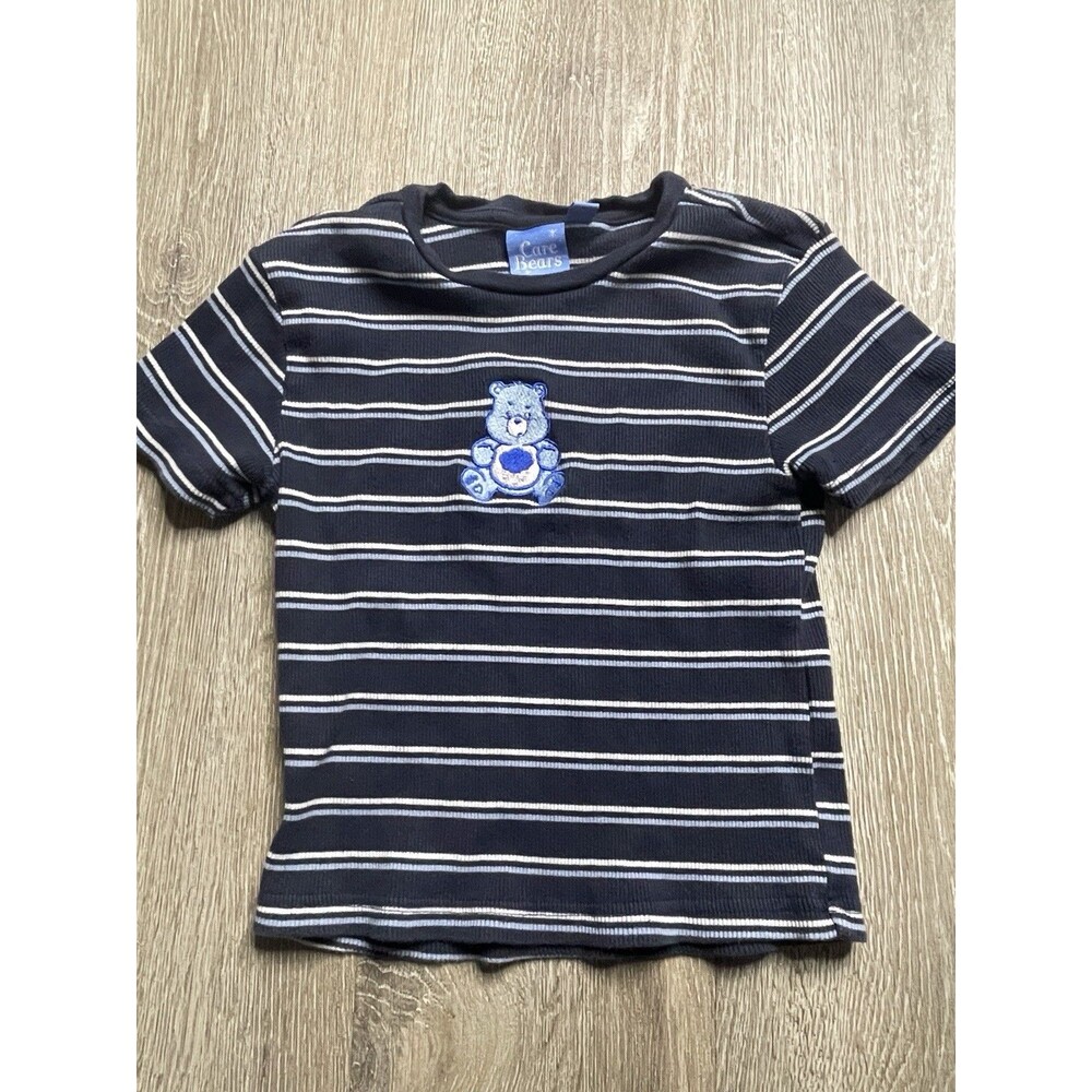 Y2K Care Bears Girls Grumpy Bear Blue Striped Embroidered Patch Tee / Crop-Top S